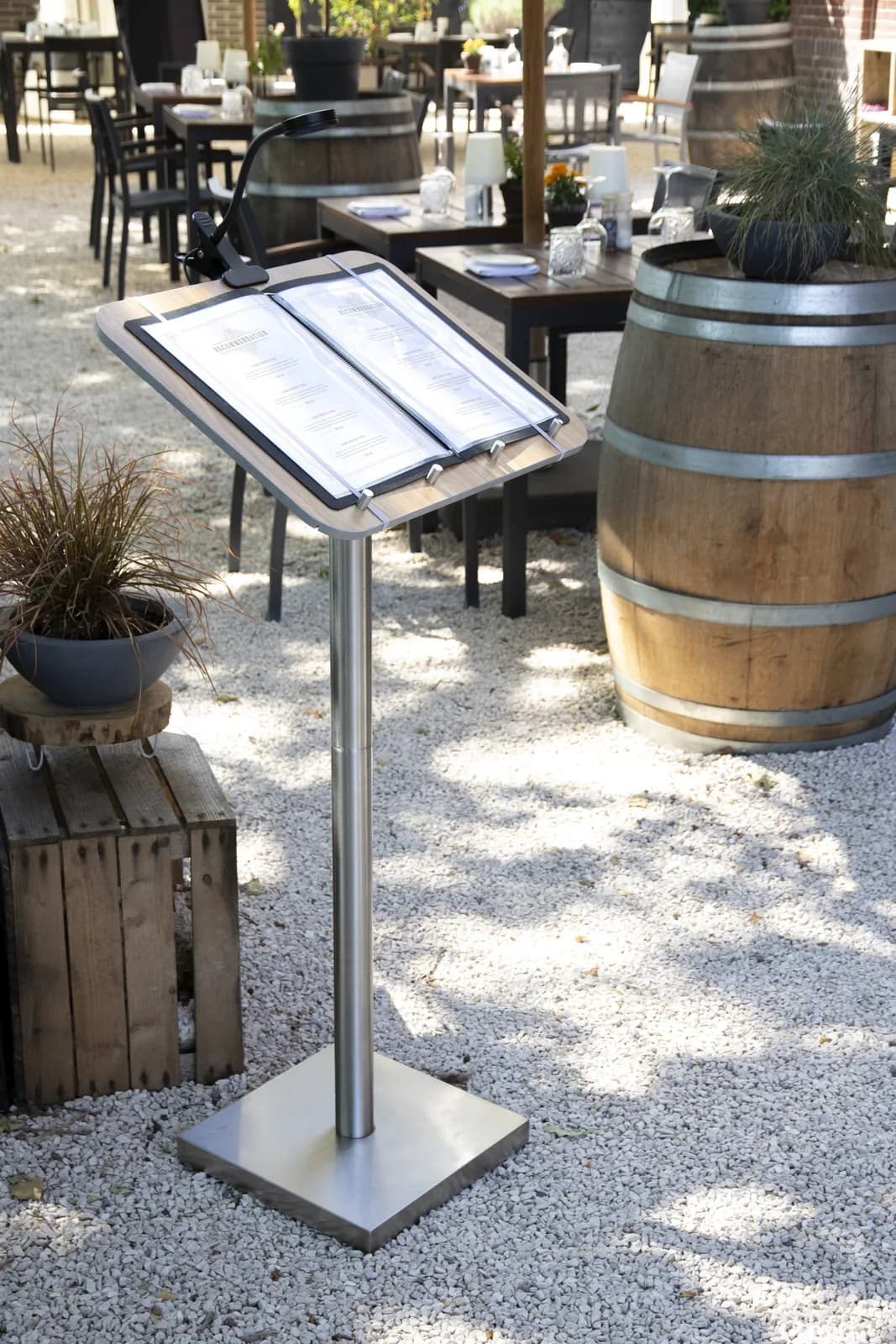 Securit® Menu Stand & Guestbook – Teak Finish — Securit® — In use