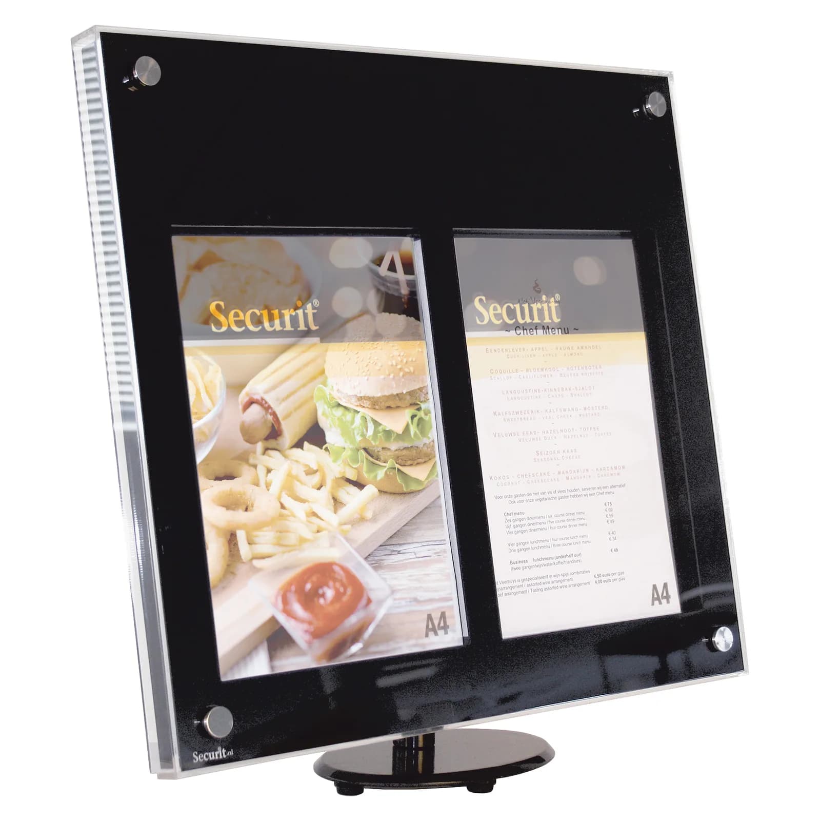 Securit® LED Display – Black Acrylic, Table Stand Included (or wall bracket kit) – 2×A4 pages